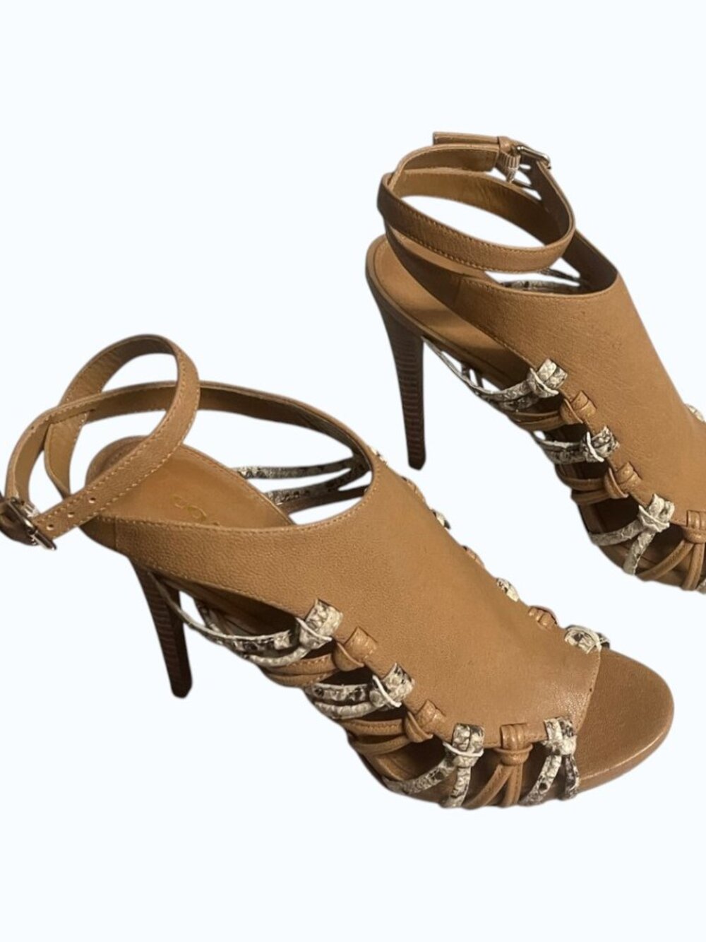 Coach Tan Leather Jody Python Snakeskin Strappy Stiletto Heels AnkleStrap Sandal